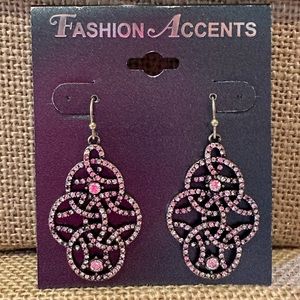 NWT Fashion Accents Earrings antique gold w/ clear rhinestones- dangle fish hook